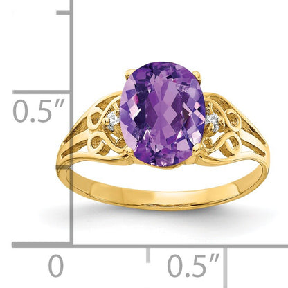 14k 9x7mm Oval Amethyst and 1/20 carat AA Diamond Filigree Ring