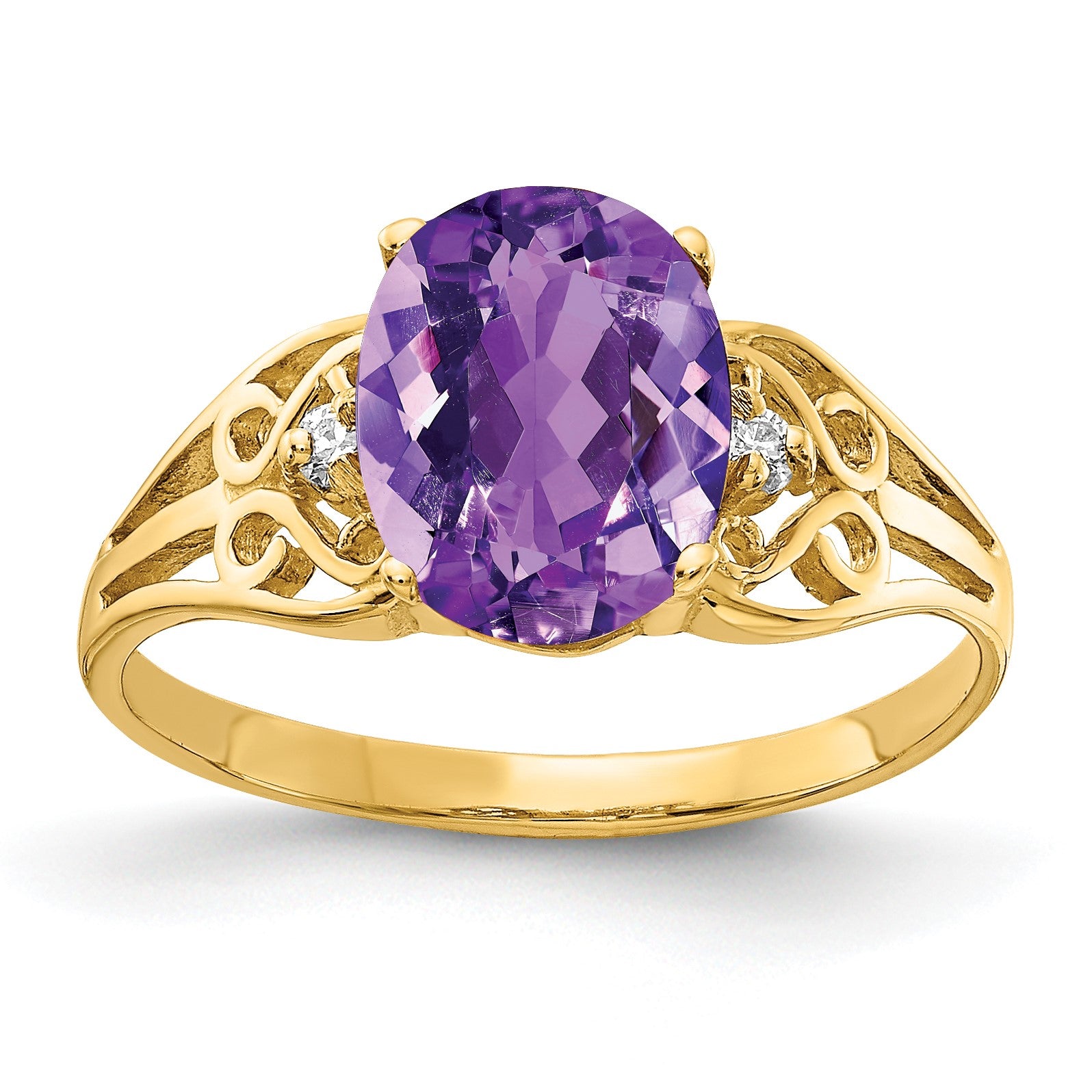14k 9x7mm Oval Amethyst and 1/20 carat AA Diamond Filigree Ring