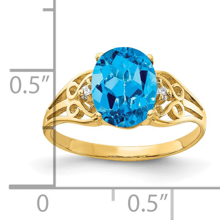 14k 9x7mm Oval Blue Topaz and AA Diamond Filigree Ring