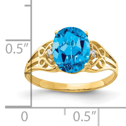 14k 9x7mm Oval Blue Topaz and AA Diamond Filigree Ring