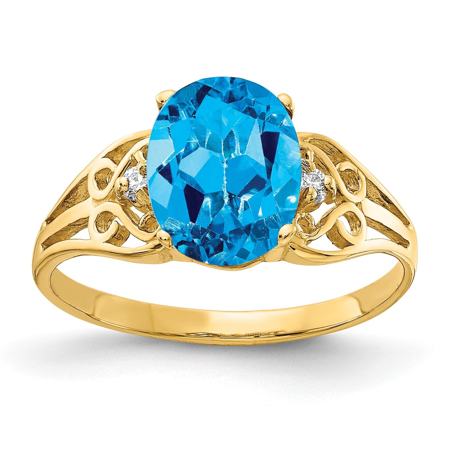 14k 9x7mm Oval Blue Topaz and AA Diamond Filigree Ring