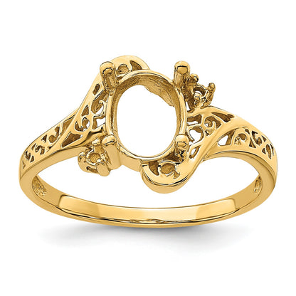 14k Polished Holds 2-1.6mm and 1-9x7 Oval Gemstone Filigree Ring Mounting