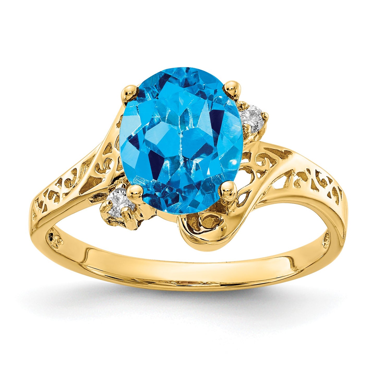 14k 9x7mm Oval Blue Topaz and AA Diamond Ring