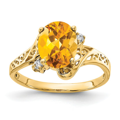 14k 9x7mm Oval Citrine and AA Diamond Ring