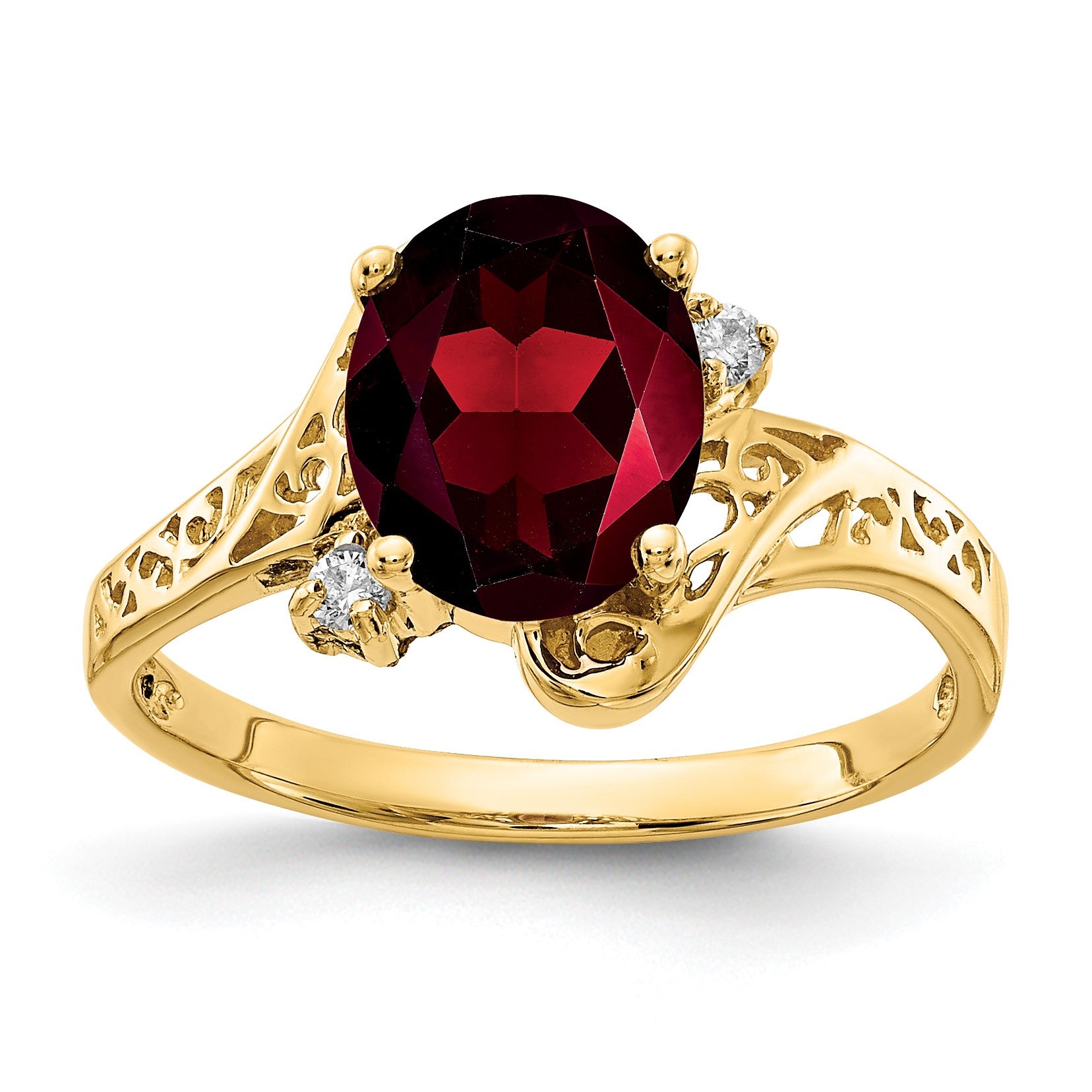 14k 9x7mm Oval Garnet and 1/20 carat AA Diamond Ring