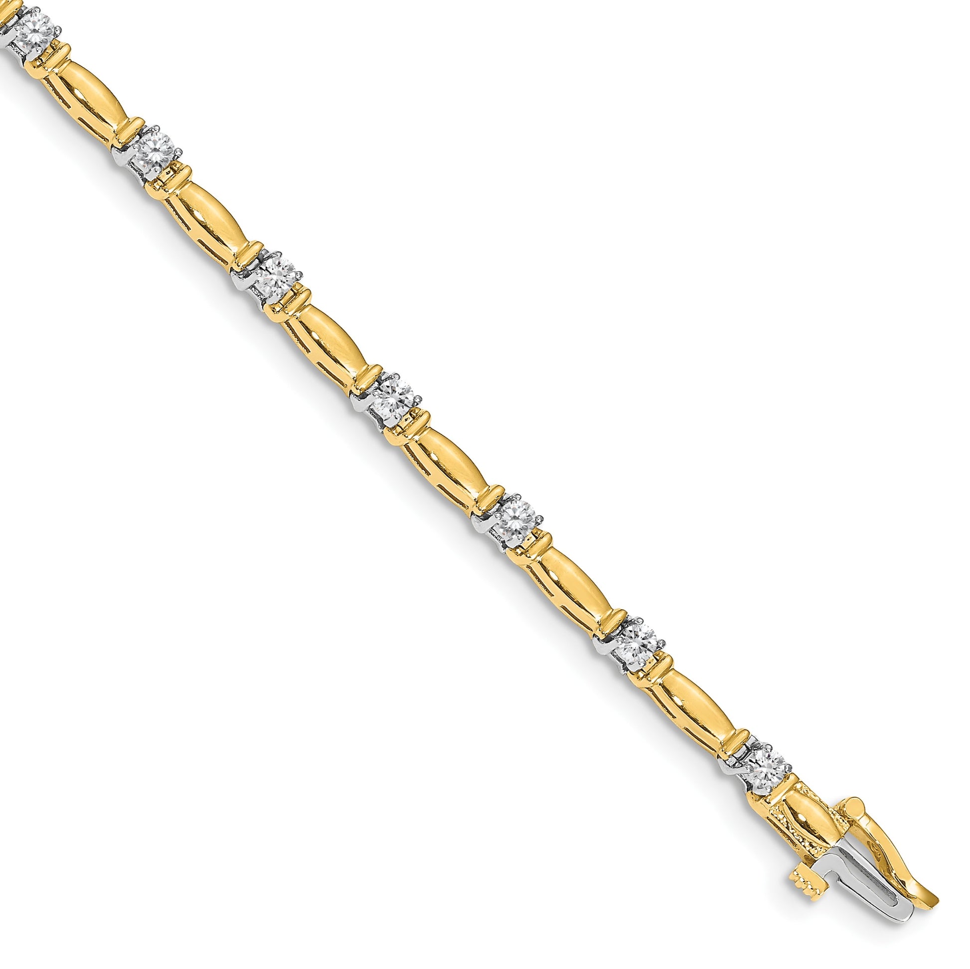 14k Two-tone Holds 1 carat 14-2.6mm Round Diamond Curved Bar Link 7 inch Tennis Bracelet Mounting