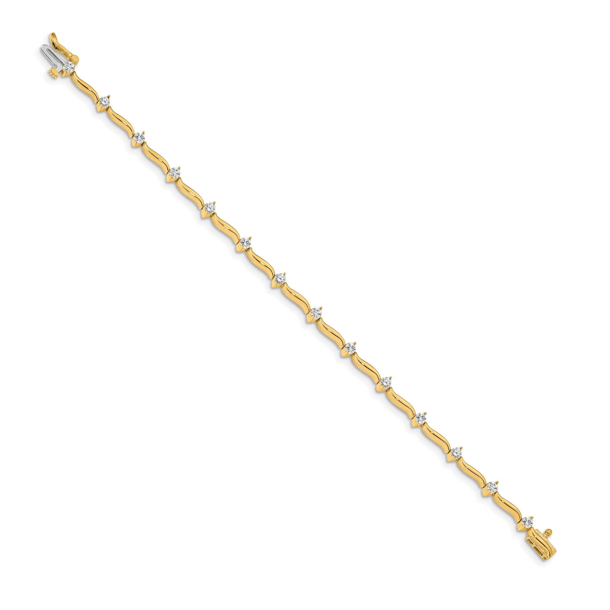 14k Holds 1 carat 14-2.6mm Round Diamond 2-prong Wavy Bar Link 7 inch Tennis Bracelet Mounting