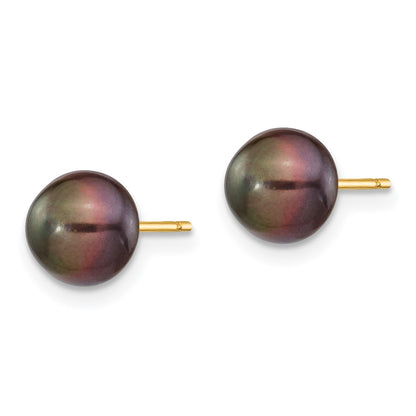 14k 7-8mm Black Button Freshwater Cultured Pearl Stud Post Earrings