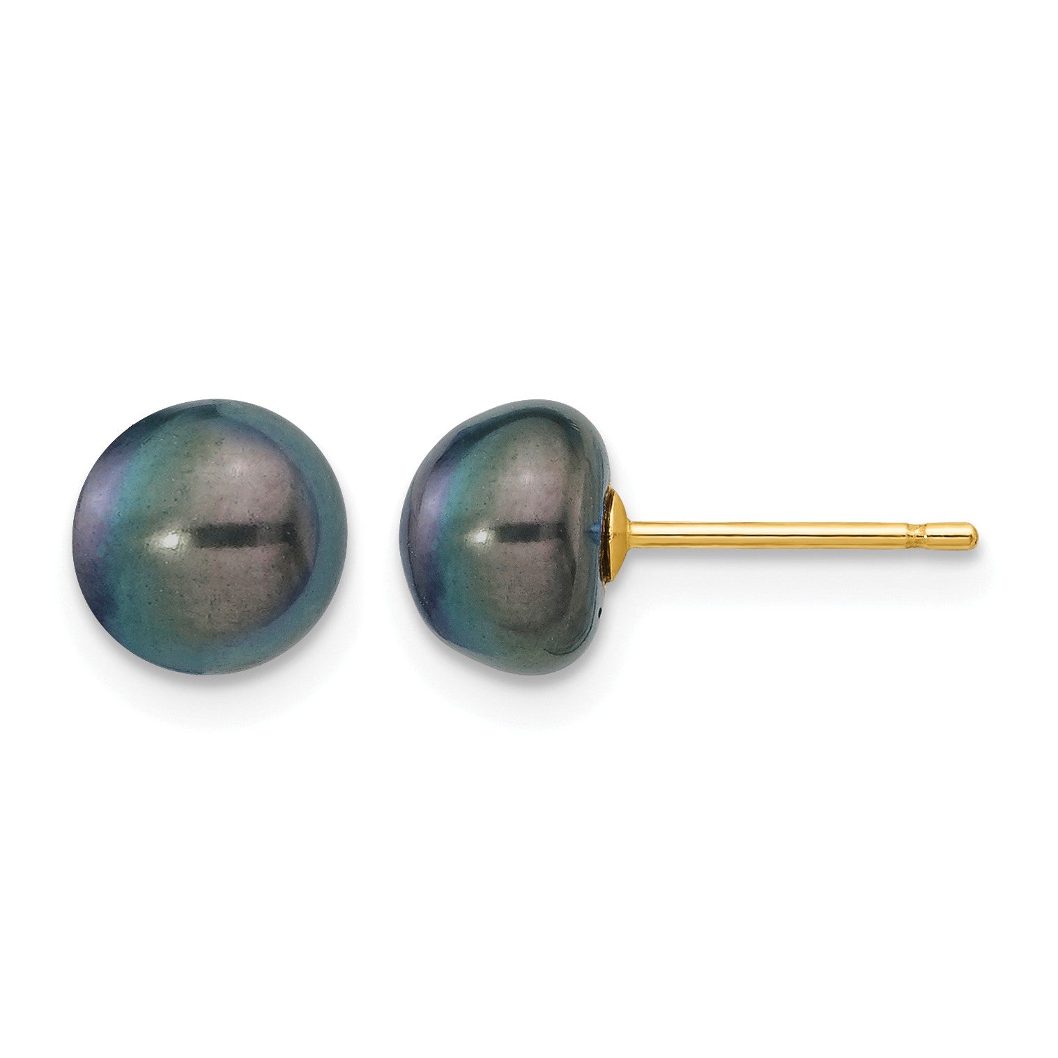 14k 7-8mm Black Button Freshwater Cultured Pearl Stud Post Earrings