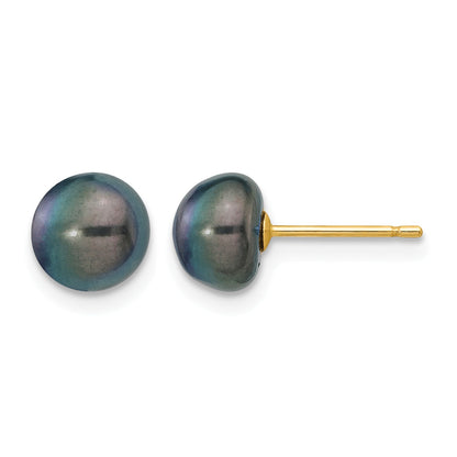 14k 7-8mm Black Button Freshwater Cultured Pearl Stud Post Earrings
