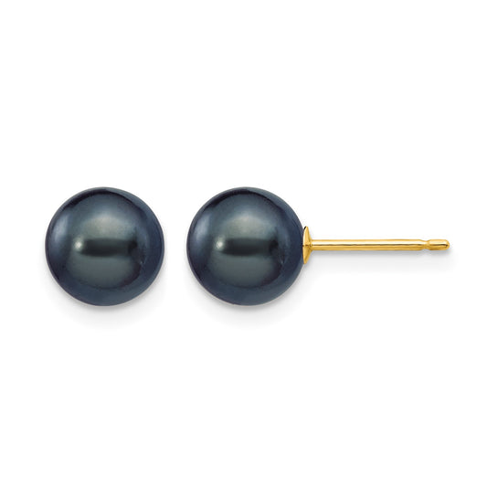 14k 7-8mm Black Round Freshwater Cultured Pearl Stud Post Earrings