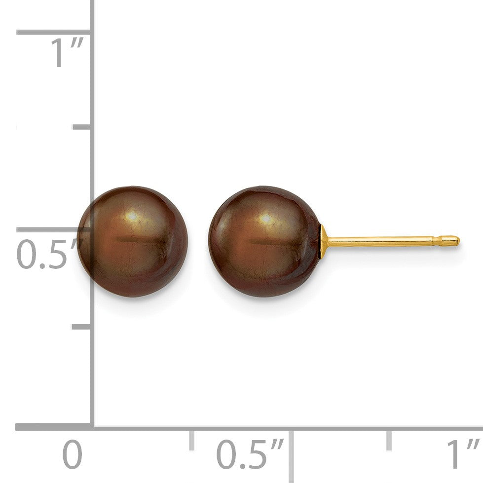 14k 7-8mm Brown Round Freshwater Cultured Pearl Stud Post Earrings