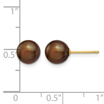 14k 7-8mm Brown Round Freshwater Cultured Pearl Stud Post Earrings