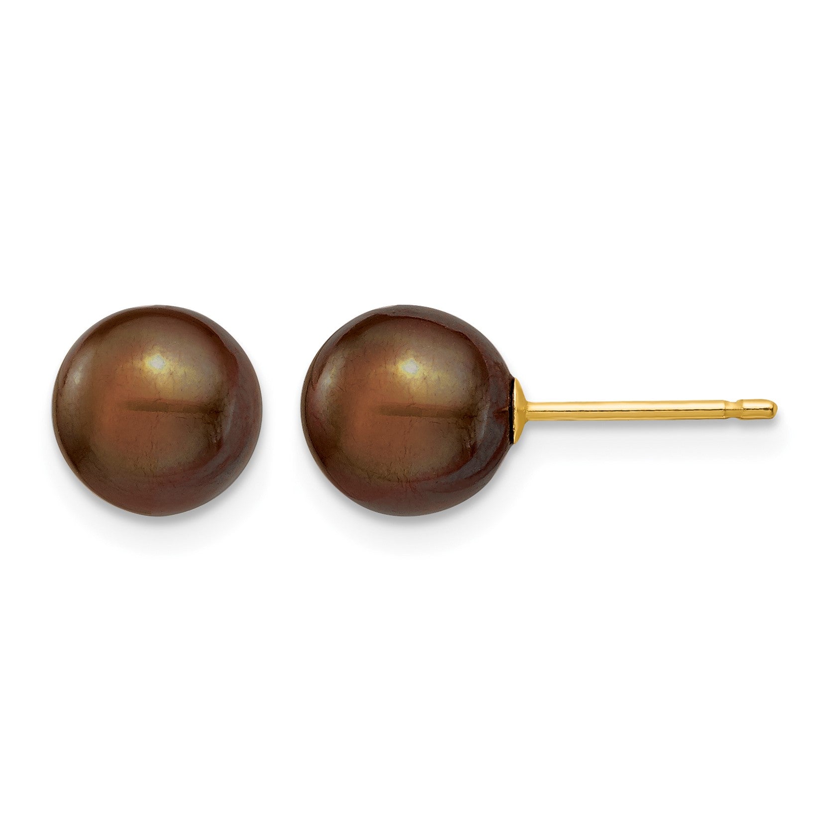 14k 7-8mm Brown Round Freshwater Cultured Pearl Stud Post Earrings