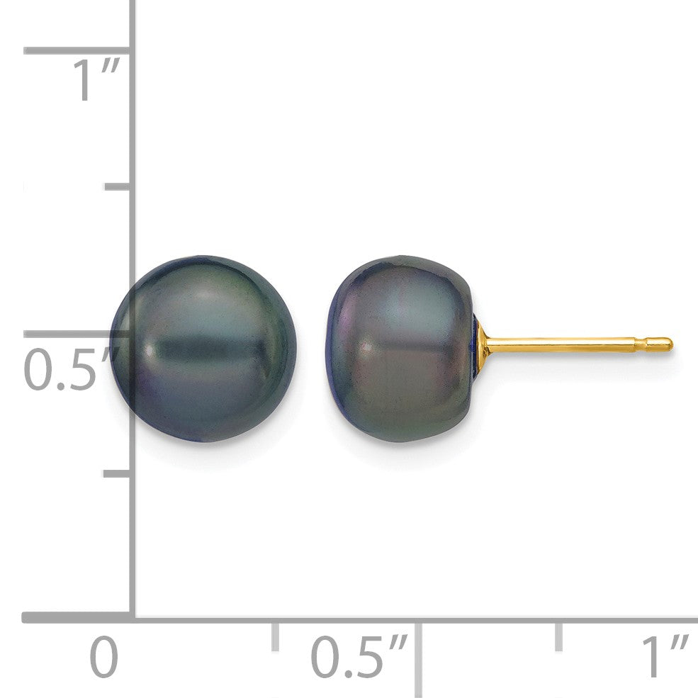 14k 8-9mm Black Button Freshwater Cultured Pearl Stud Post Earrings