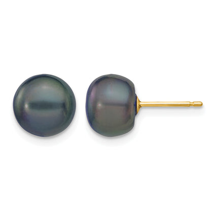 14k 8-9mm Black Button Freshwater Cultured Pearl Stud Post Earrings