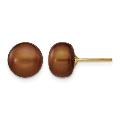 14k 8-9mm Brown Button Freshwater Cultured Pearl Stud Post Earrings