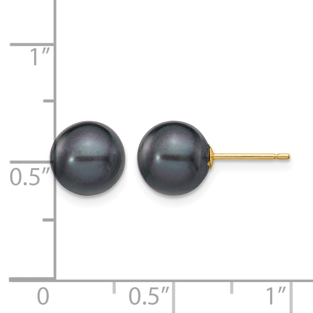 14k 8-9mm Black Round Freshwater Cultured Pearl Stud Post Earrings