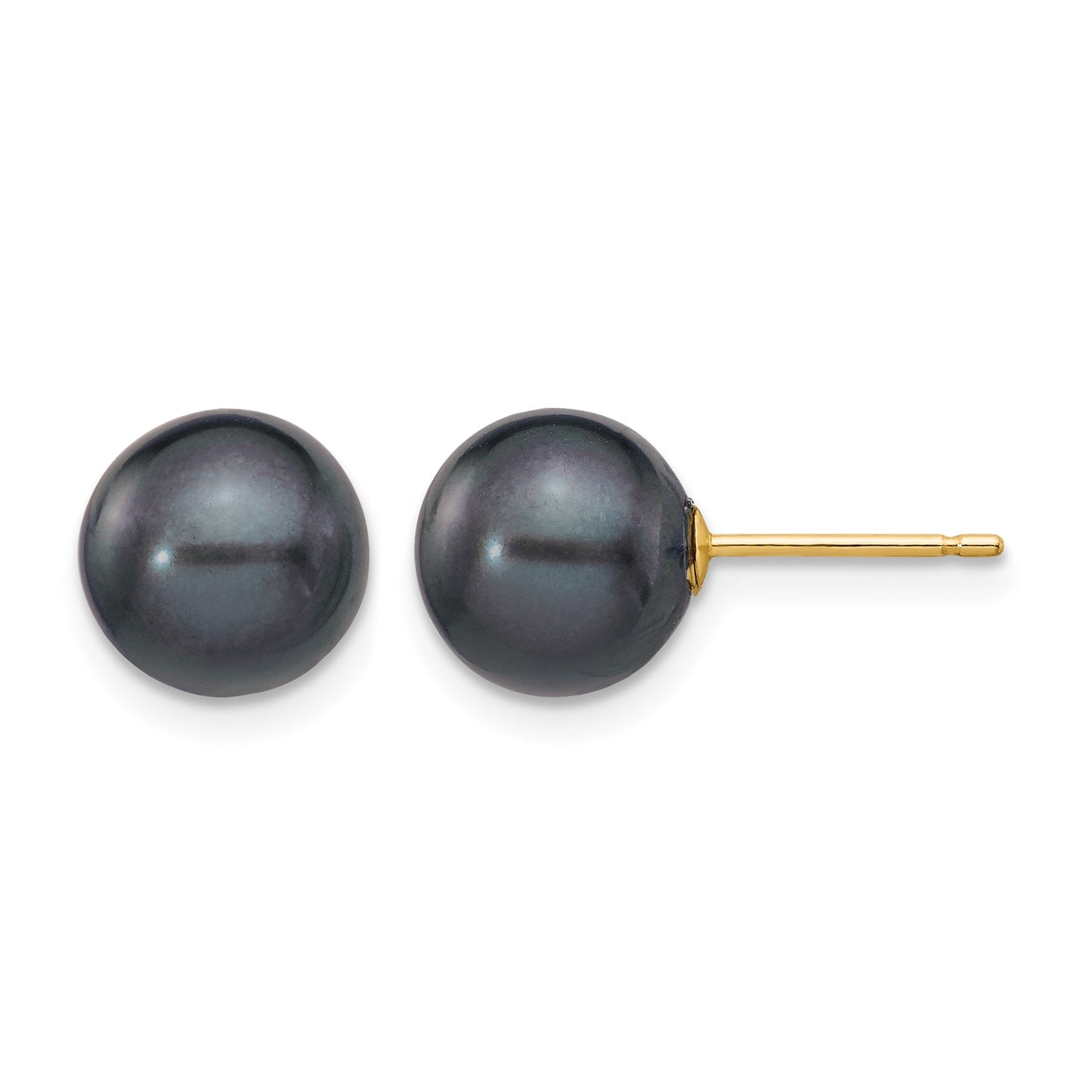 14k 8-9mm Black Round Freshwater Cultured Pearl Stud Post Earrings