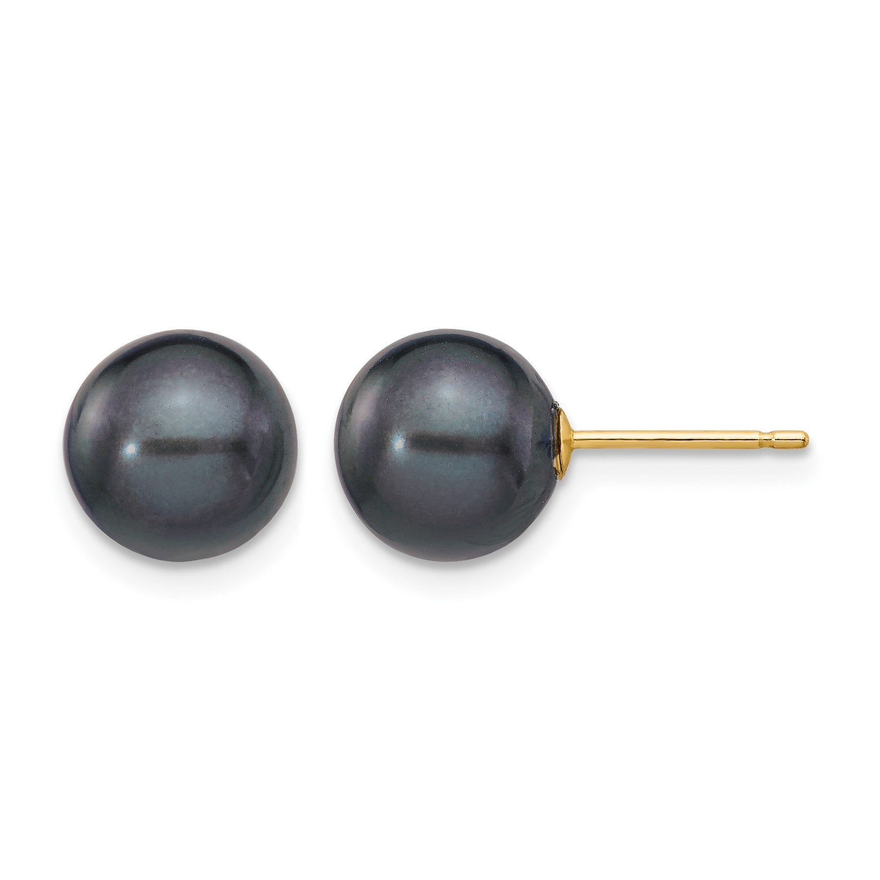 14k 8-9mm Black Round Freshwater Cultured Pearl Stud Post Earrings