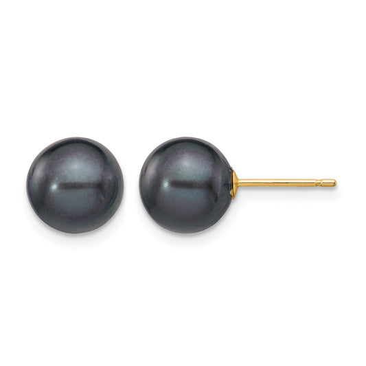 14k 8-9mm Black Round Freshwater Cultured Pearl Stud Post Earrings