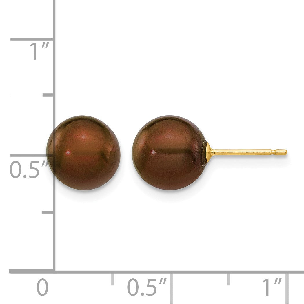14k 8-9mm Brown Round Freshwater Cultured Pearl Stud Post Earrings