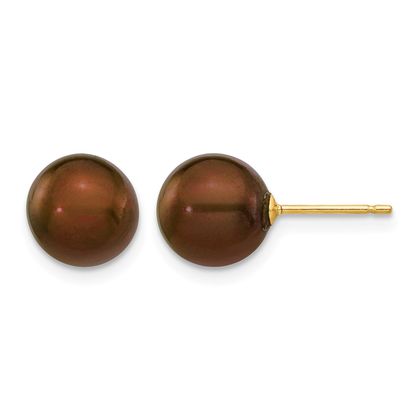 14k 8-9mm Brown Round Freshwater Cultured Pearl Stud Post Earrings