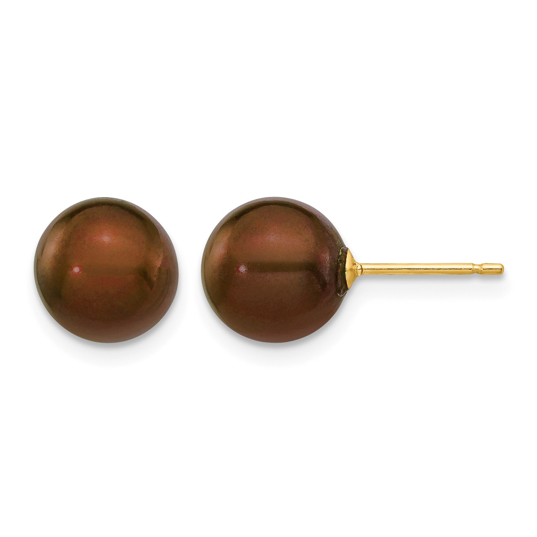 14k 8-9mm Brown Round Freshwater Cultured Pearl Stud Post Earrings