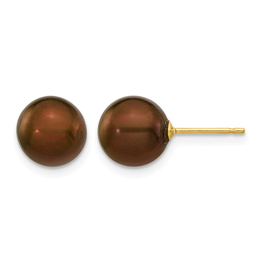 14k 8-9mm Brown Round Freshwater Cultured Pearl Stud Post Earrings