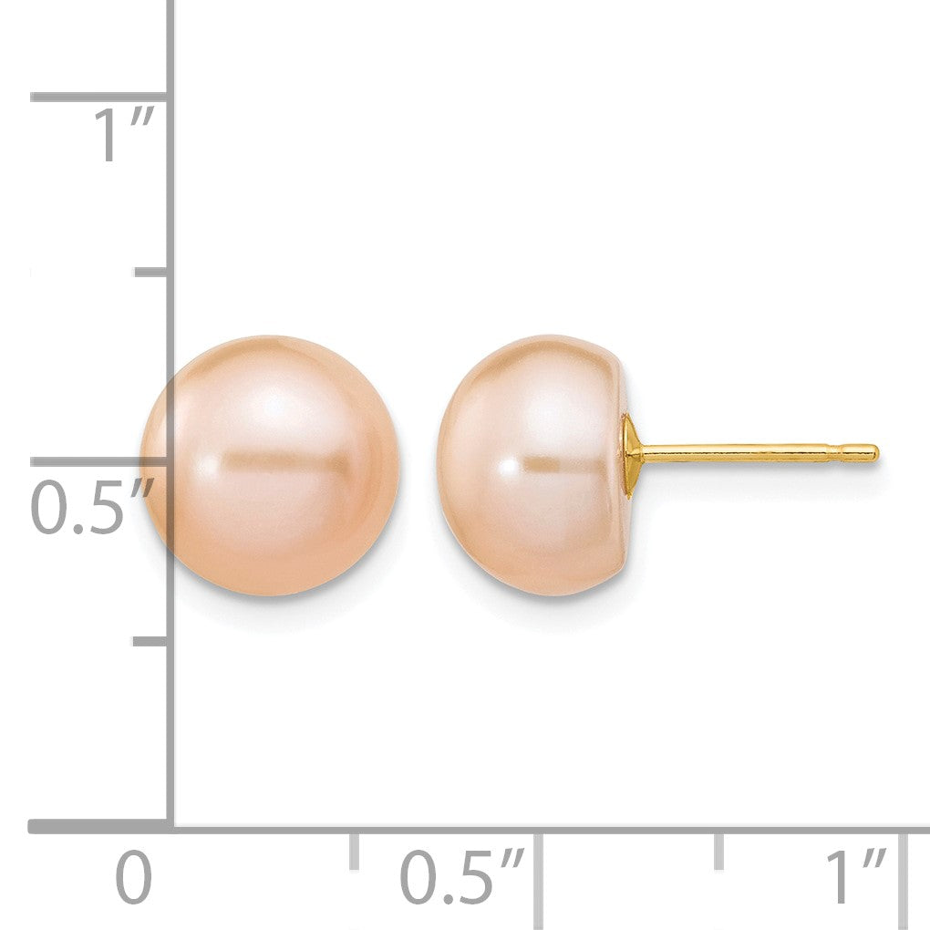 14k 9-10mm Pink Button Freshwater Cultured Pearl Stud Post Earrings