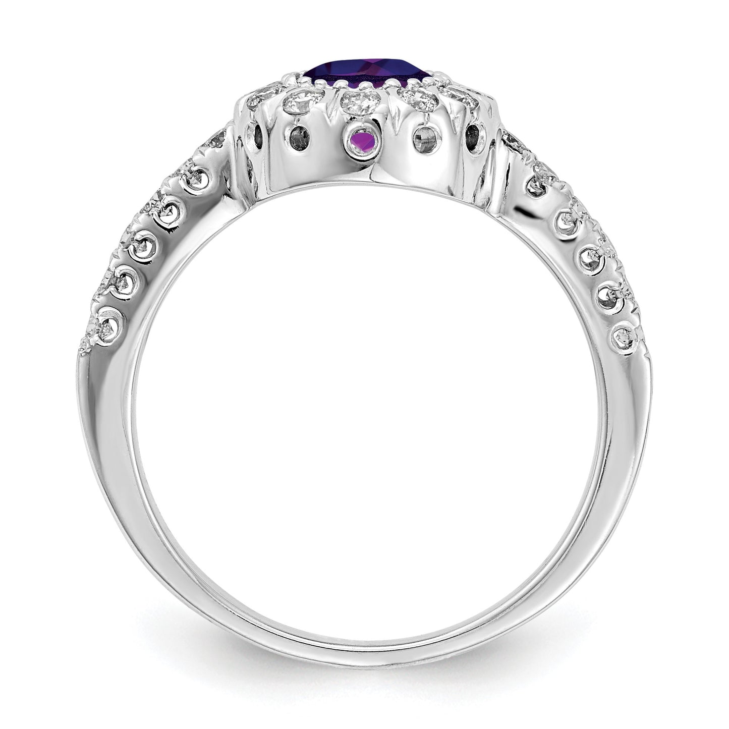 14k White Gold 5mm Round Amethyst and 1/3 carat AA Diamond Halo Ring