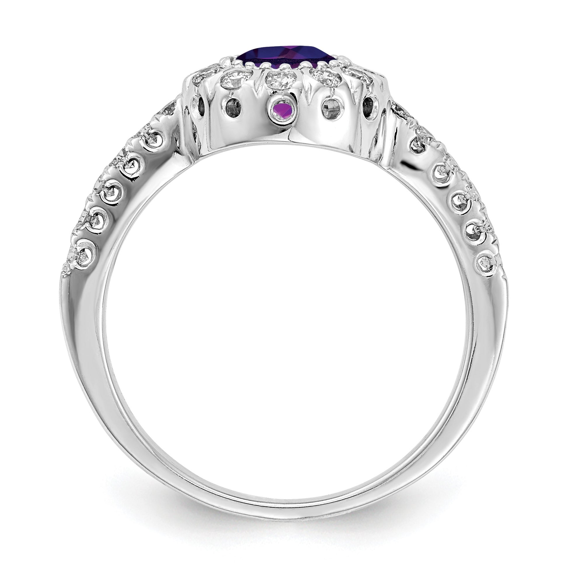 14k White Gold 5mm Round Amethyst and 1/3 carat AA Diamond Halo Ring