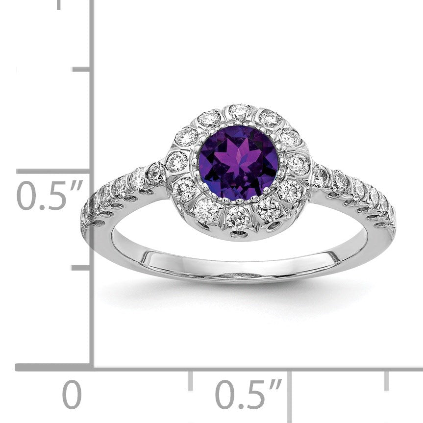 14k White Gold 5mm Round Amethyst and 1/3 carat AA Diamond Halo Ring