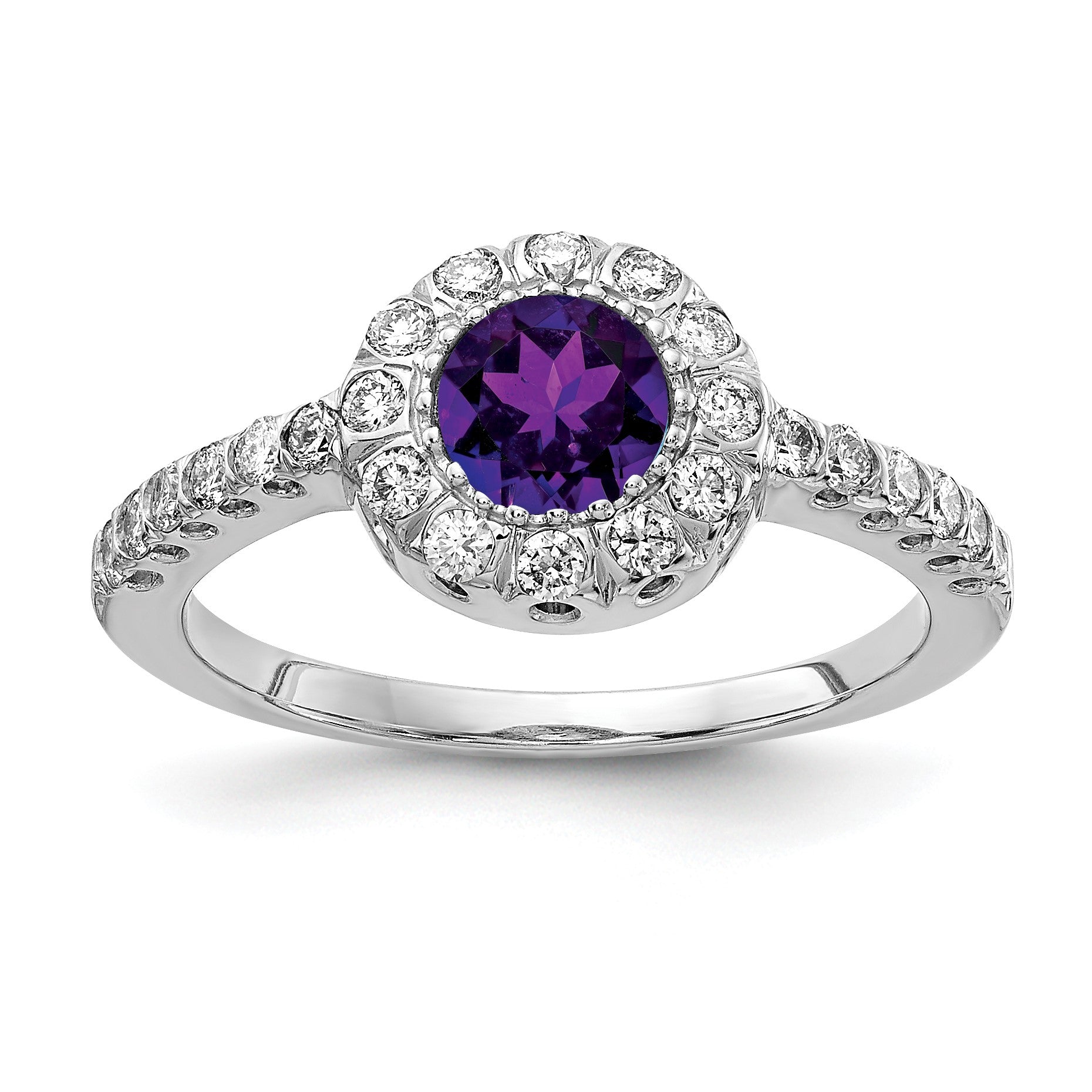 14k White Gold 5mm Round Amethyst and 1/3 carat AA Diamond Halo Ring