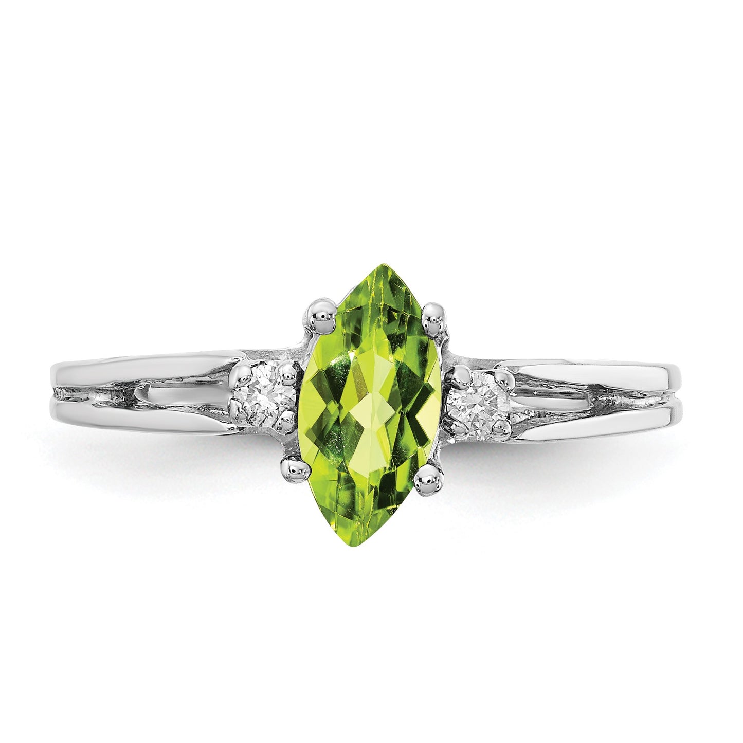 14k White Gold 8x4mm Marquise Peridot and 1/20 carat AA Diamond Ring