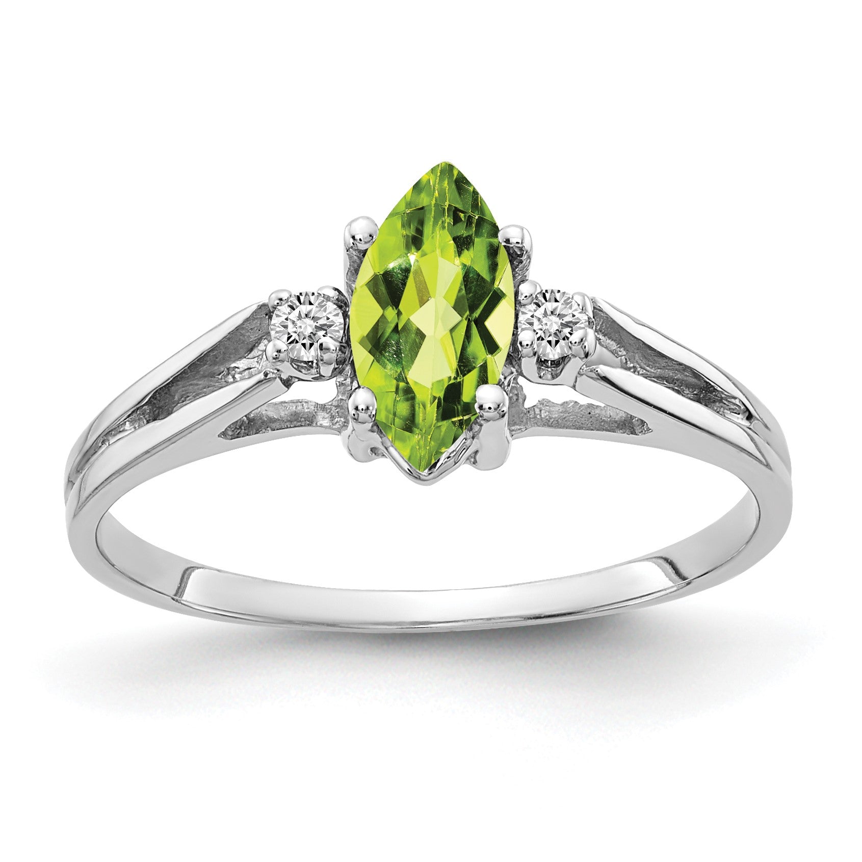 14k White Gold 8x4mm Marquise Peridot and 1/20 carat AA Diamond Ring