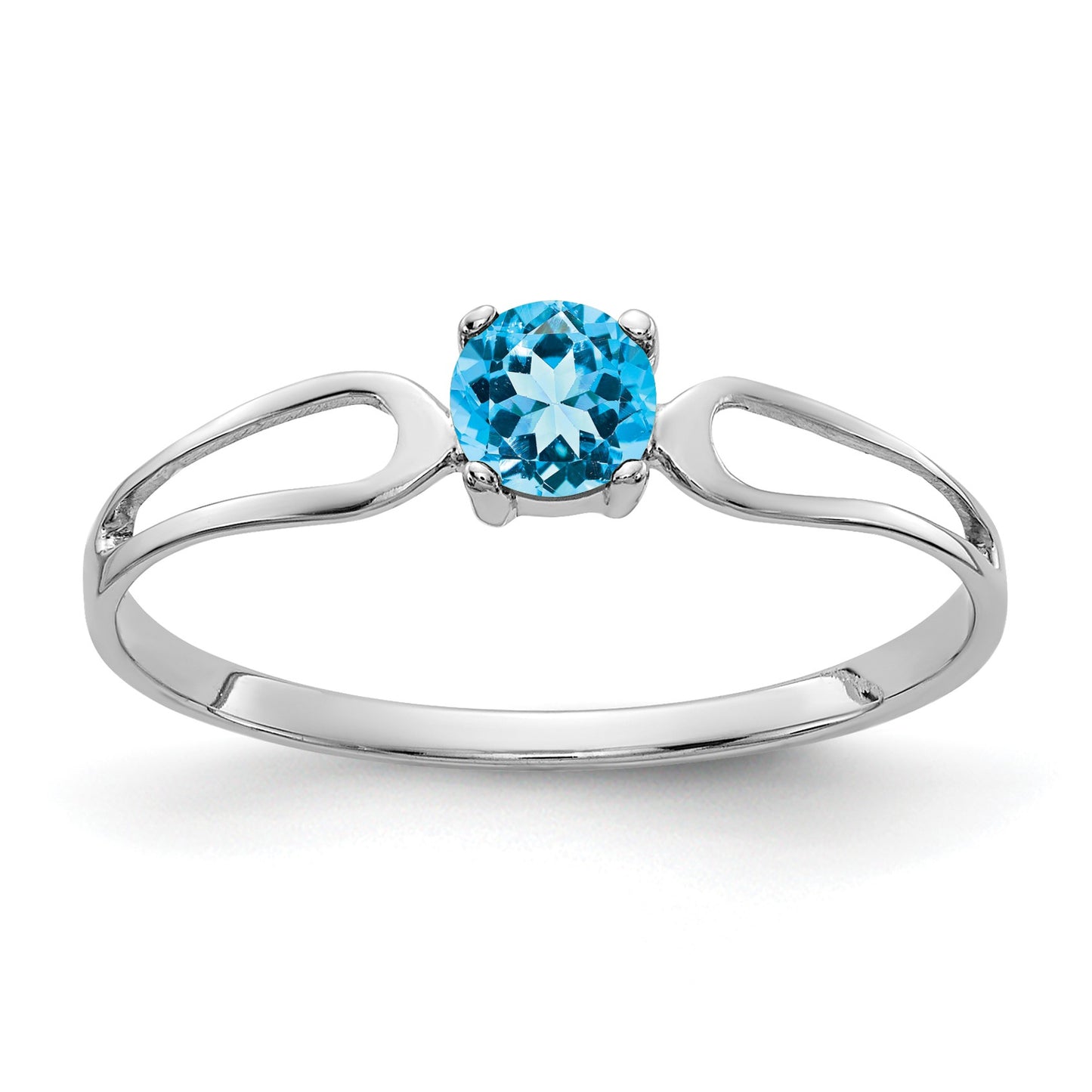 14k White Gold 4mm Round Blue Topaz Split Shank Ring