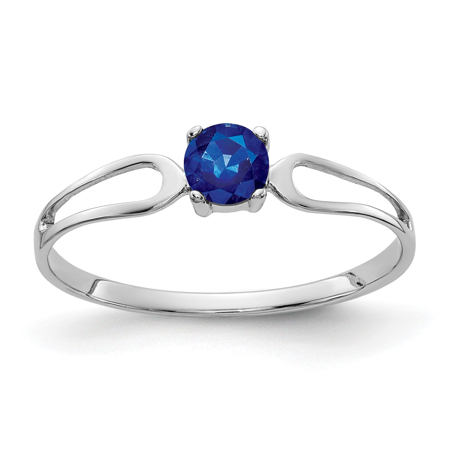 14k White Gold 4mm Round Blue Sapphire Split Shank Ring