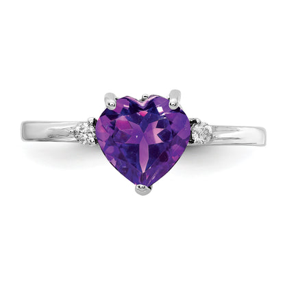 14k White Gold 7mm Heart Amethyst and 1/20 carat AA Diamond Ring