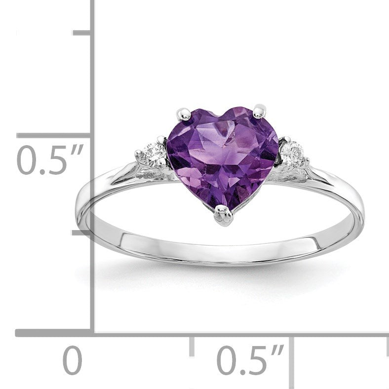 14k White Gold 7mm Heart Amethyst and 1/20 carat AA Diamond Ring