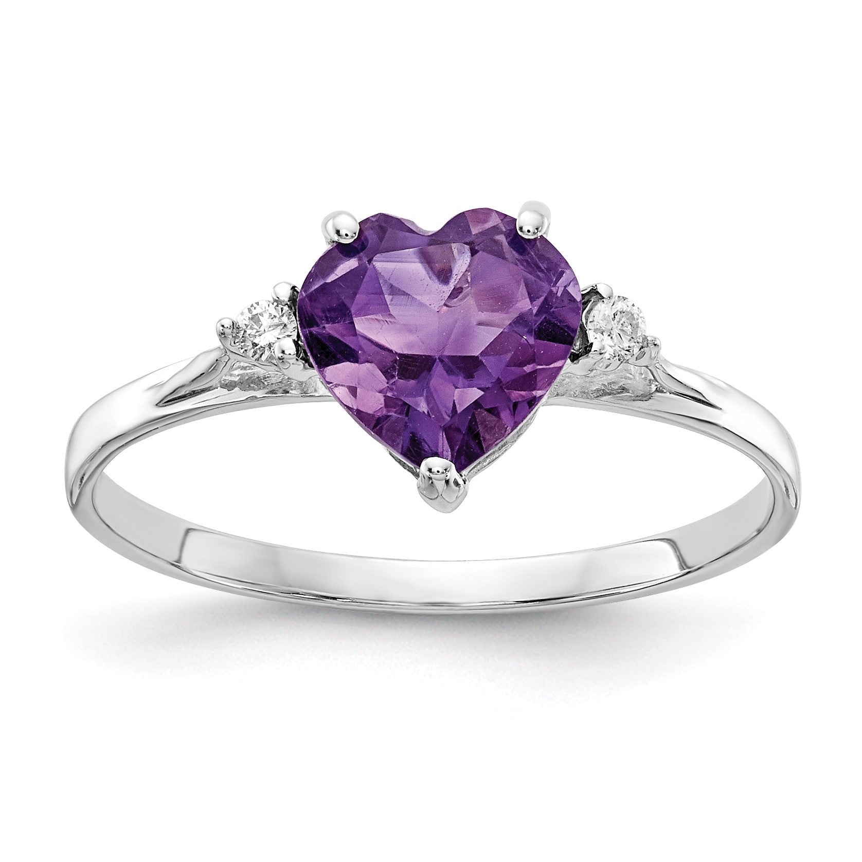 14k White Gold 7mm Heart Amethyst and 1/20 carat AA Diamond Ring