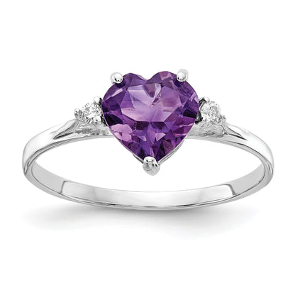 14k White Gold 7mm Heart Amethyst and 1/20 carat AA Diamond Ring