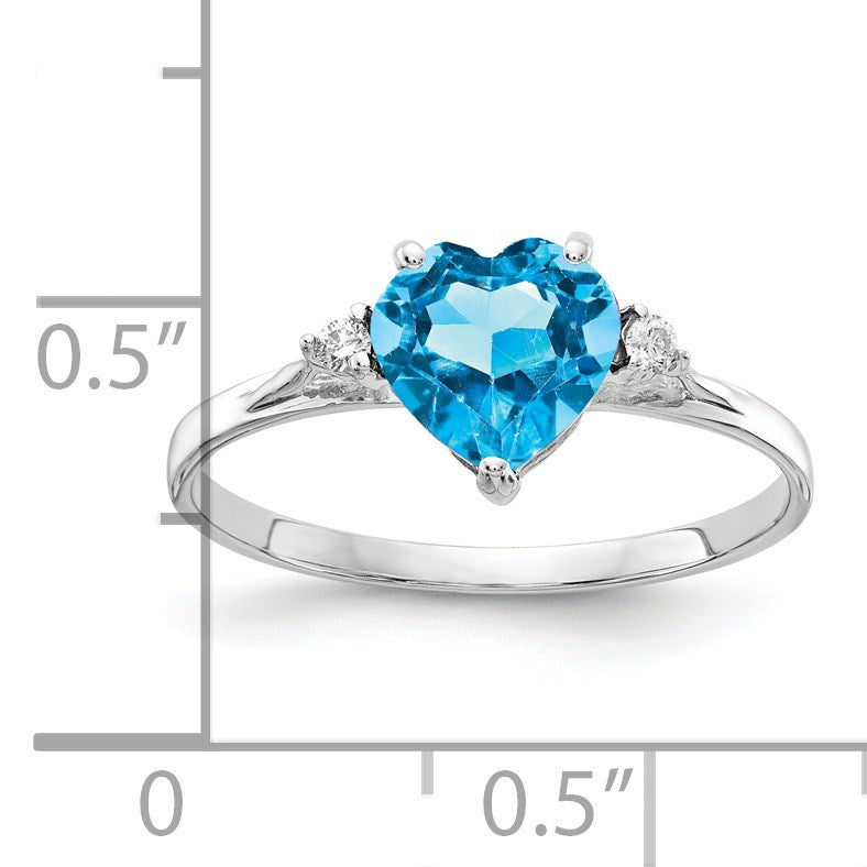 14k White Gold 7mm Heart Blue Topaz and 1/20 carat A Diamond Ring