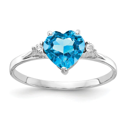 14k White Gold 7mm Heart Blue Topaz and 1/20 carat A Diamond Ring
