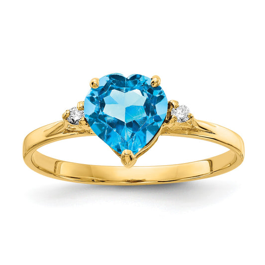 14k 7mm Heart Blue Topaz and 1/20 carat AA Diamond Ring