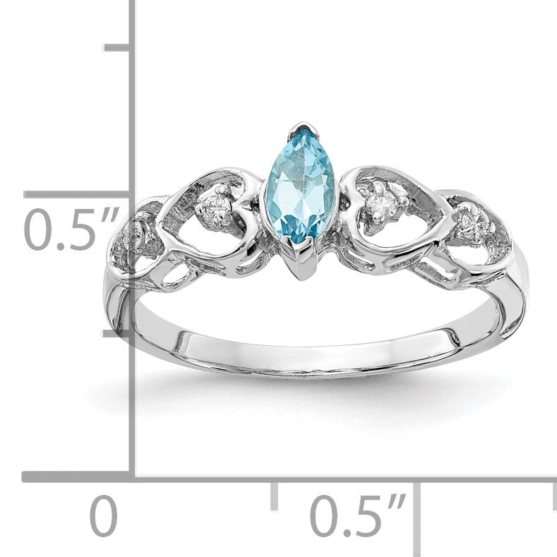 14k White Gold 6x3mm Marquise Blue Topaz and 1/20 carat AA Diamond Heart Shank Ring