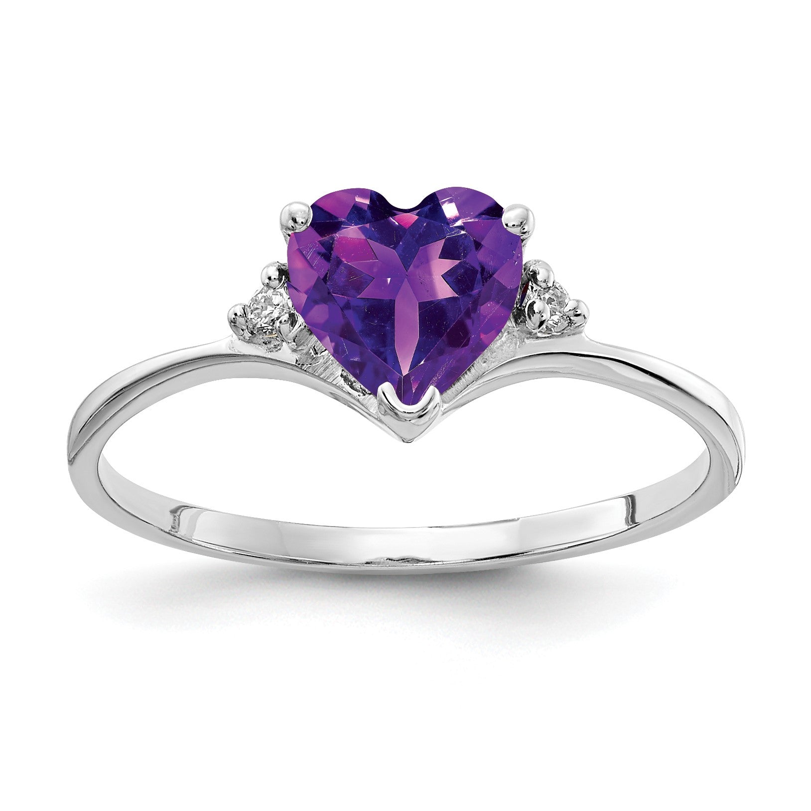 14k White Gold 6mm Heart Amethyst and AA Diamond Ring
