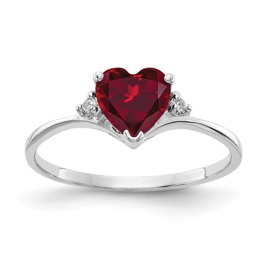 14k White Gold 6mm Heart Lab-Created Ruby and AA Diamond Ring