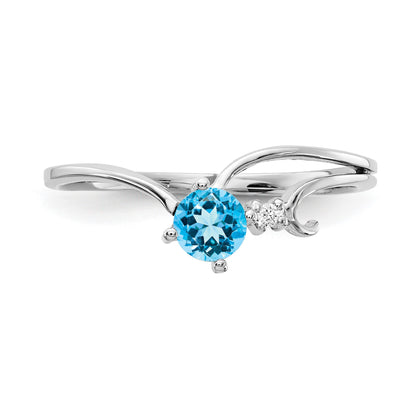 14k White Gold 4mm Round Blue Topaz and AA Diamond Ring