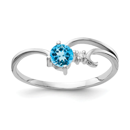 14k White Gold 4mm Round Blue Topaz and AA Diamond Ring